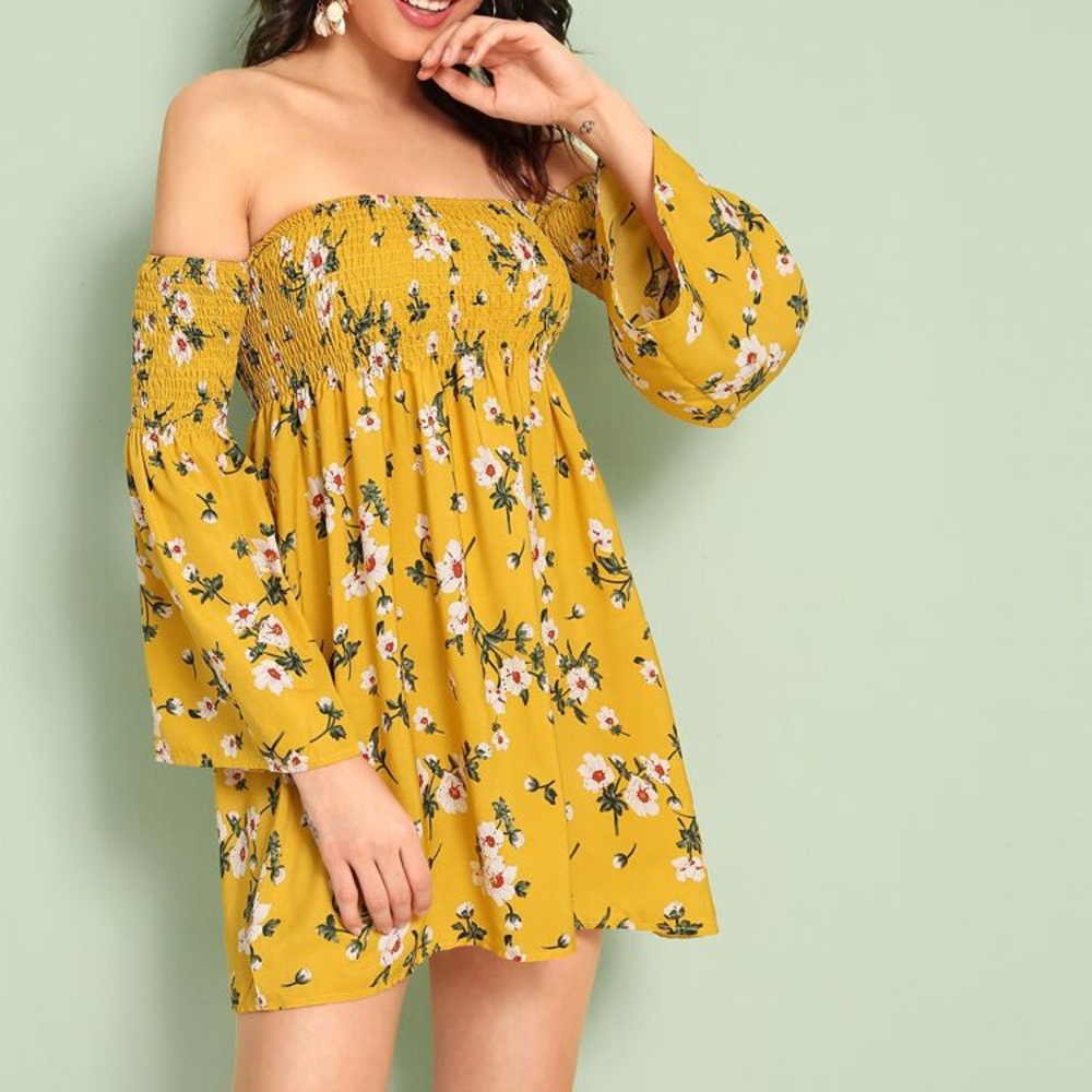 Floral Print Off The Shoulder Shirred Dress